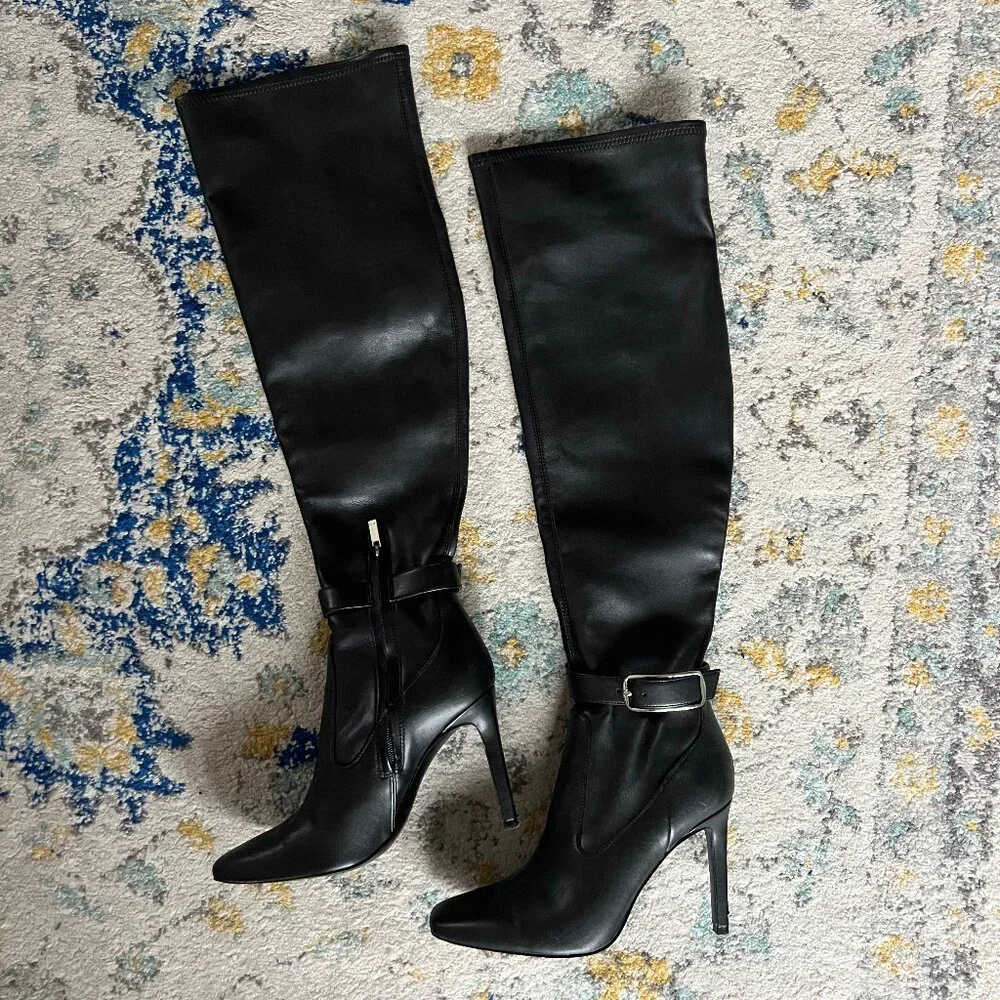 Over the Knee (faux) leather Marc Fisher black stiletto boots (size 7.5) - Picture 1 of 7